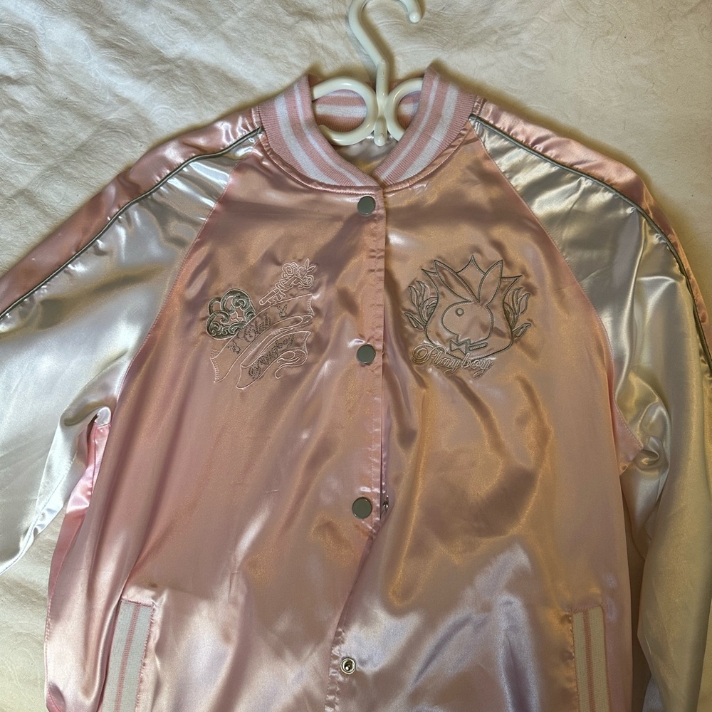 PLAYBOY Varsity Jacket in Dusty Pink Satin with Ribbed Cuffs